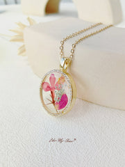 Dancing Orchid Flower Resin Round Crystal Pendant Necklace