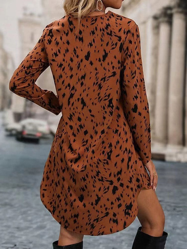 High-Low Long Sleeves Leopard V-Neck Mini Dresses