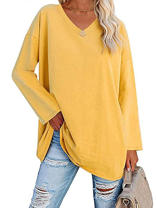 Long Sleeves Loose See-Through Solid Color Split-Joint V-Neck T-Shirts