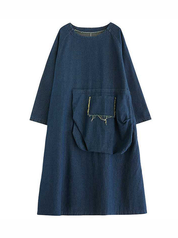 A-Line Long Sleeves Fringed Pockets Split-Joint Round-Neck Midi Dresses