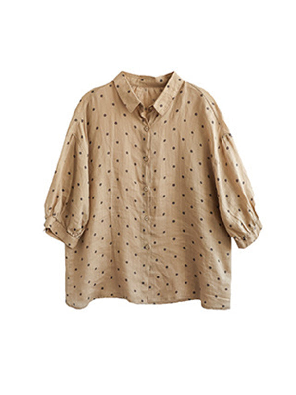 Half Sleeves Loose Polka-Dot Lapel Blouses&Shirts Tops