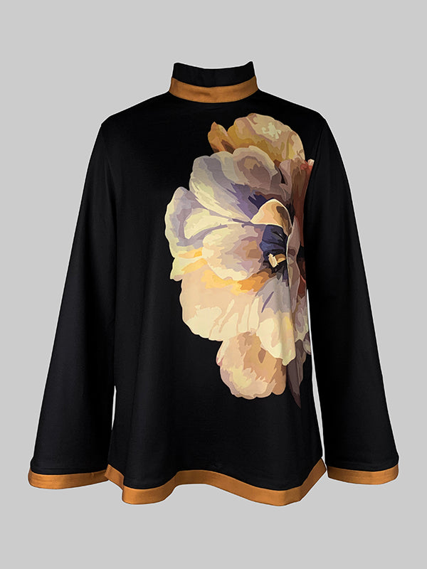 Flared Sleeves Long Sleeves Flower Print Split-Joint Mock Neck T-Shirts Tops