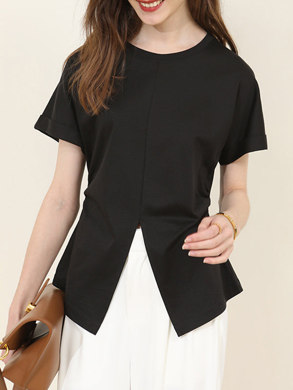 Batwing Sleeves Loose Pleated Solid Color Split-Front Split-Joint Round-Neck T-Shirts