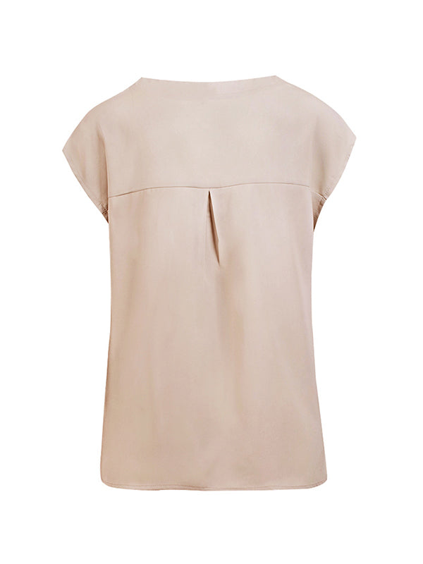 Cap Sleeve Loose Buttoned Solid Color V-Neck Blouses&Shirts Tops