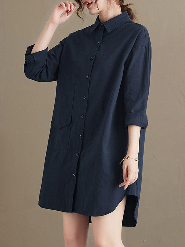 Simple Solid Buttoned Lapel Collar Long Sleeves Blouse