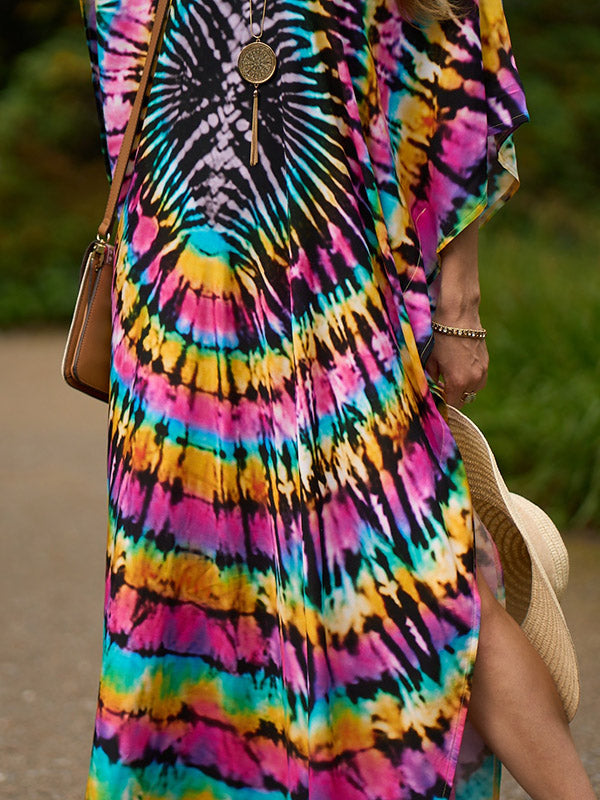 Batwing Sleeves Loose Printed Split-Side V-Neck Beach Cover-Up Maxi Dresses