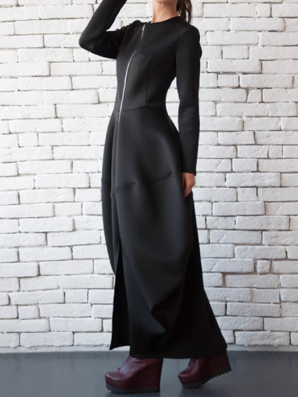 Split-Joint Zipper Round-Neck Maxi Dress Coat Bubble Dress