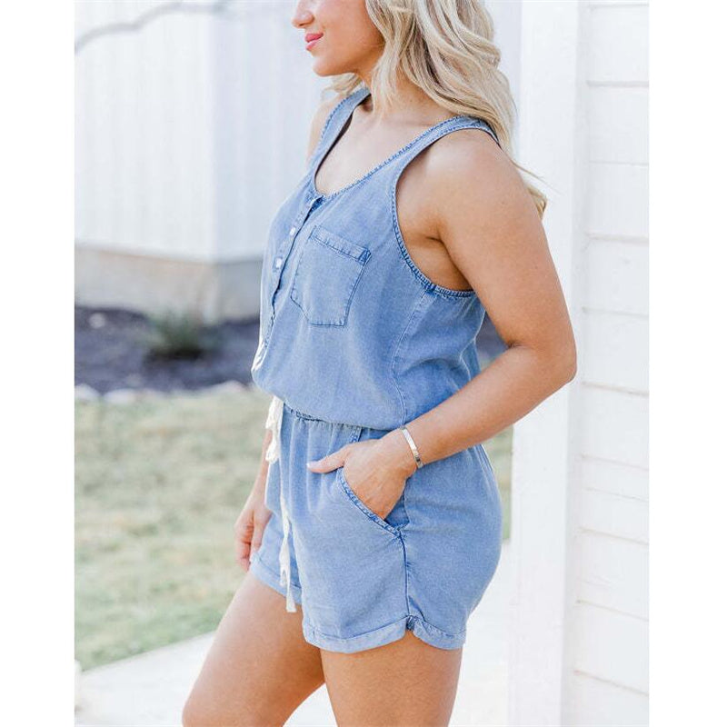 V-Neck Sleeveless Denim Jumpsuit Shorts