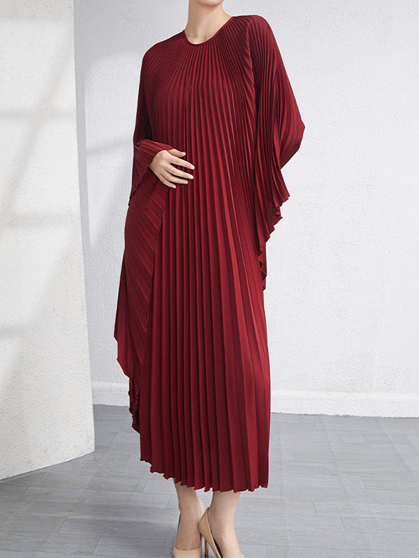 Urban Flared Batwing Sleeves Pleated Solid Color Round-Neck Midi Dresses