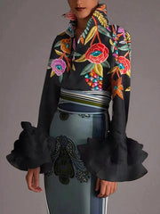 Flared Sleeves Long Sleeves Buttoned Contrast Color Flower Print Lapel Blouses&Shirts Tops