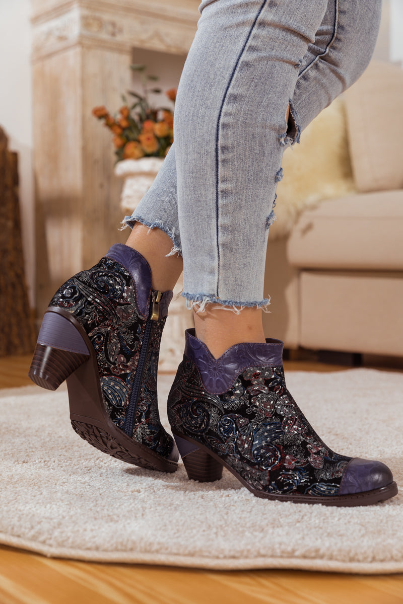 SOFFIA | NAVY GALAXY FLORAL EMBOSSED LEATHER BOOT