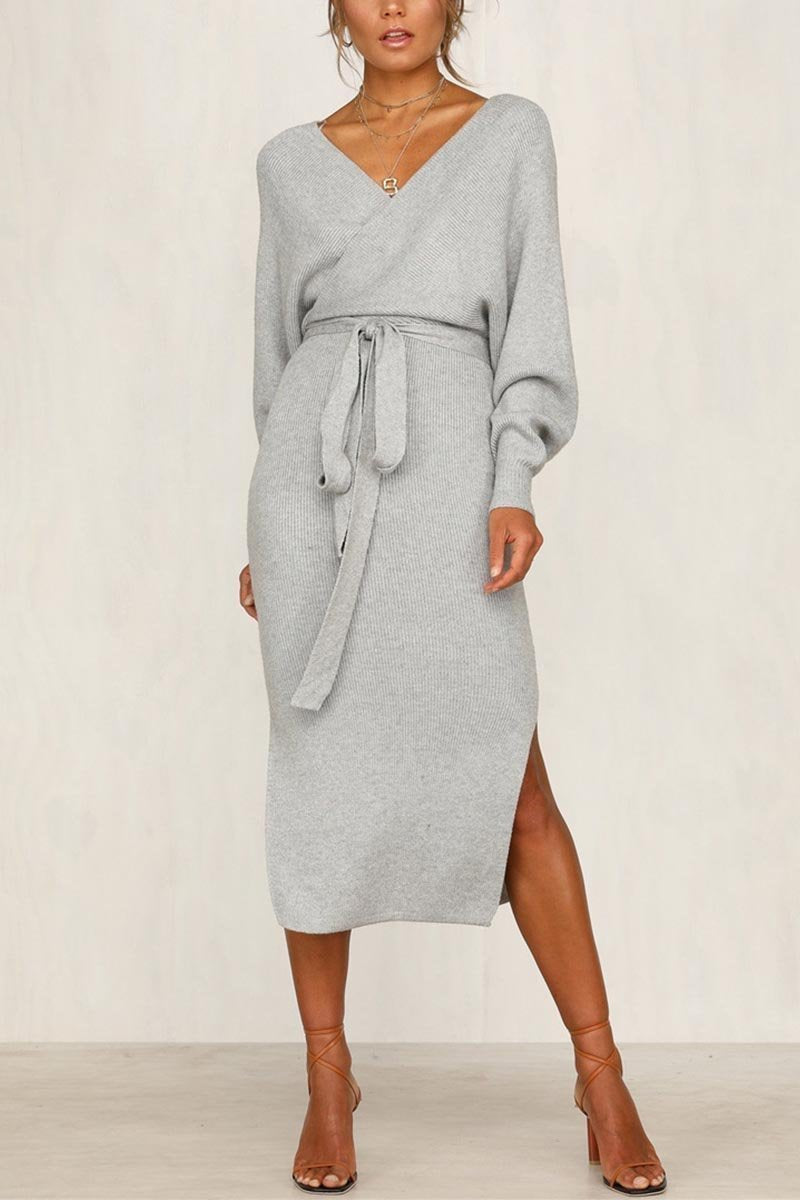 Chicindress V Neck Backless Sweater Midi Dress(5 Colors)