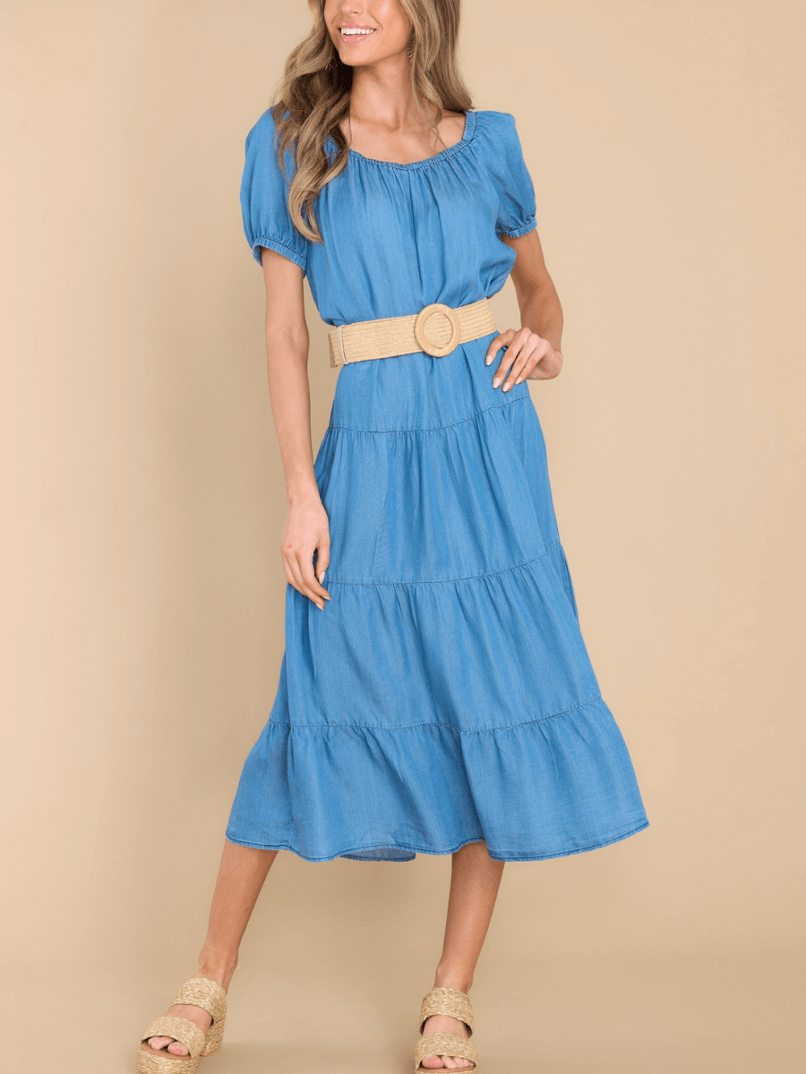 MADELINA TIERED COTTON BLEND DENIM MIDI DRESS