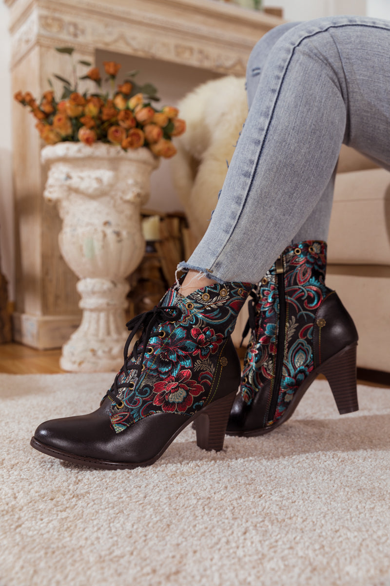 SOFFIA | BLACK FLORAL EMBROIDERED LEATHER BOOTIE