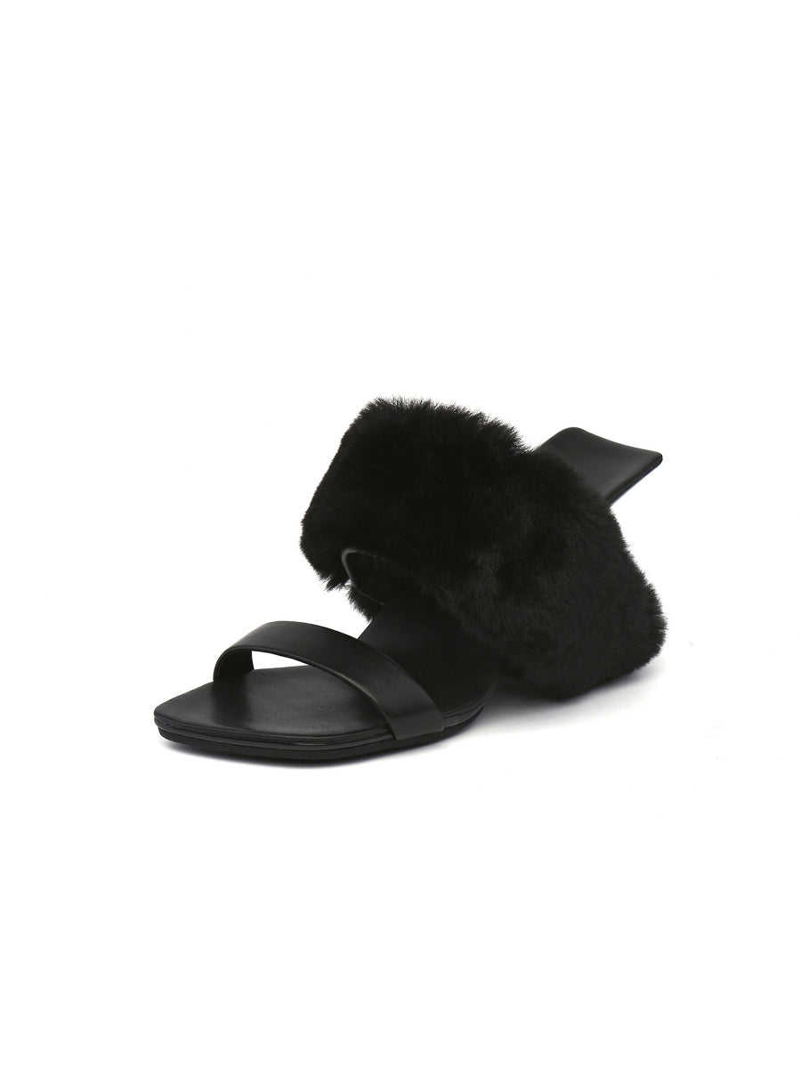 JadyRose | Faux Fur Strap Leather Wedge Sandal - Black