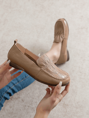 RUMOUR HAS IT| GEOMETRY STITCHING UPPER LEATHER LOAFER - TAN