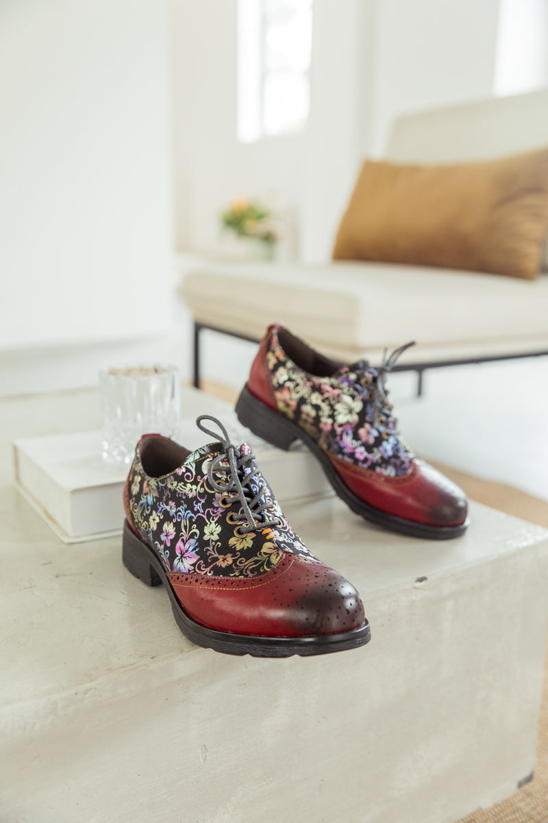 SOFFIA | Brown Floral Print Leather Brogues Oxford