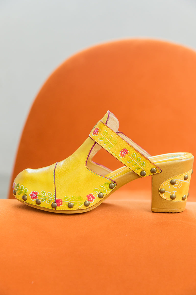 SOFFIA | FLORAL EMBOSSED YELLOW GENUINE LEATHER CLOG