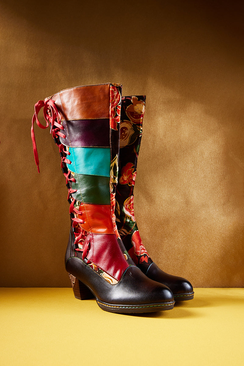 Soffia | Delora Floral Contrast Stripe Wide Calf Leather Knee High Boots