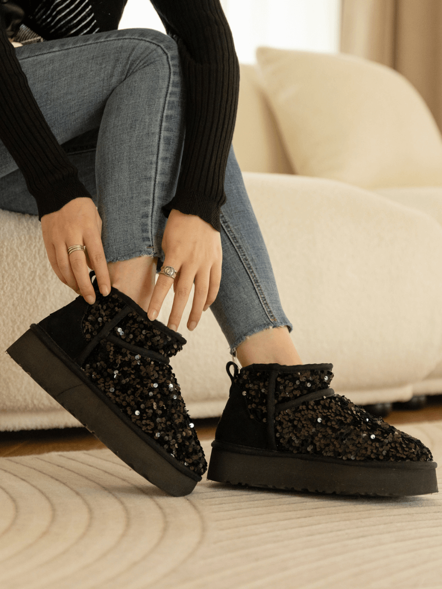 Smaibulun Ugg | Mini Glitter Low Ankle Platform Boots - Black