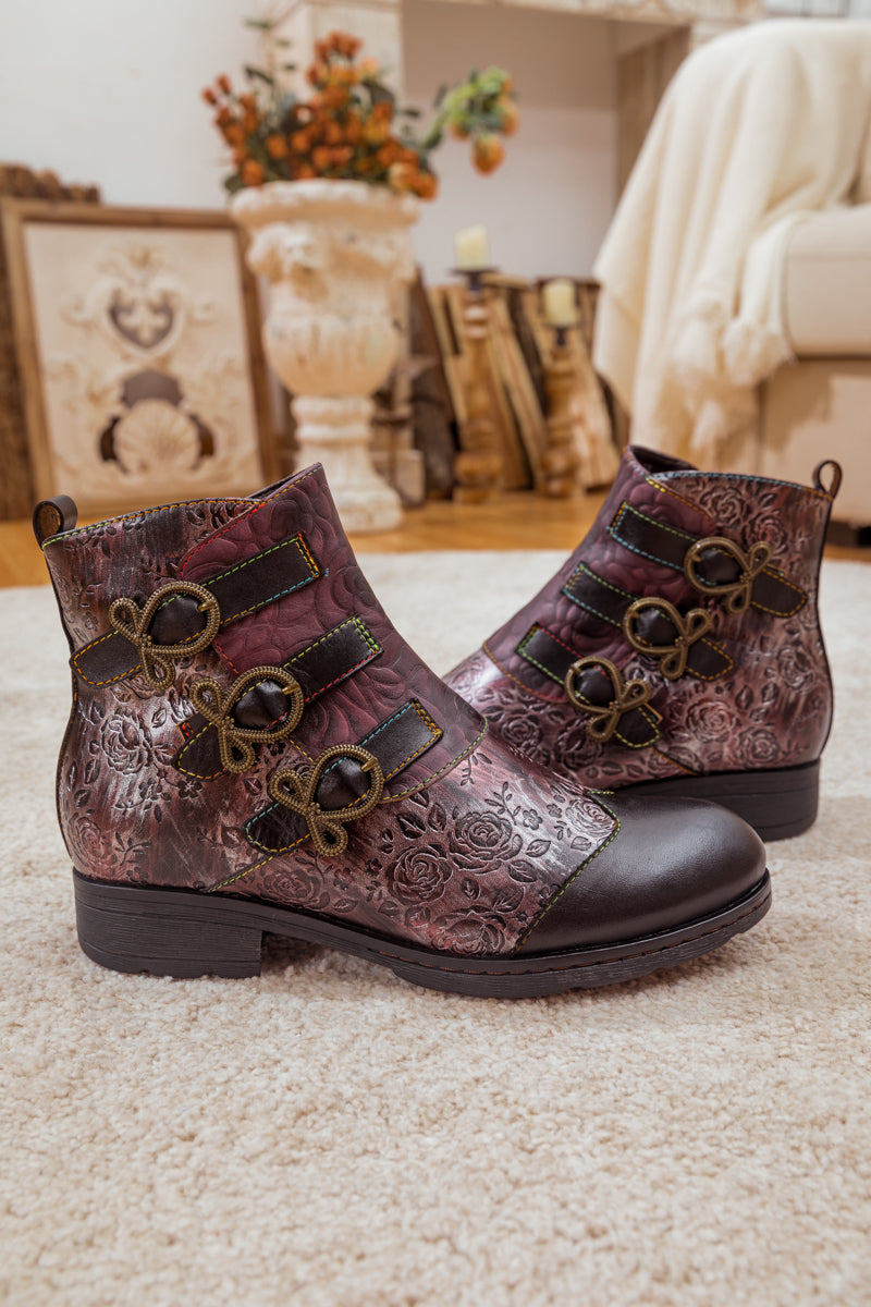 SOFFIA | ROSE GARDEN EMBOSSED LEATHER STRAP BOOT - BROWN