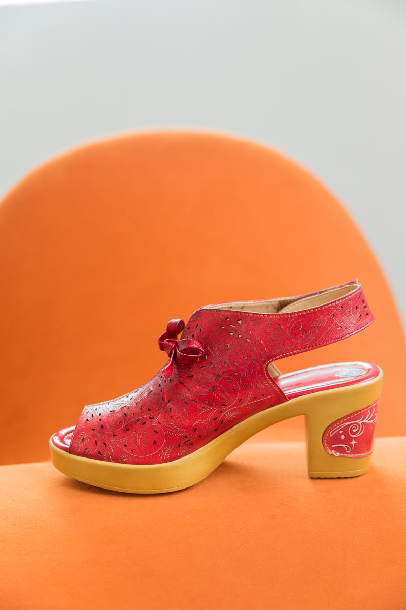 SOFFIA | RED FLORAL PERFORATED GENUINE LEATHER SANDAL