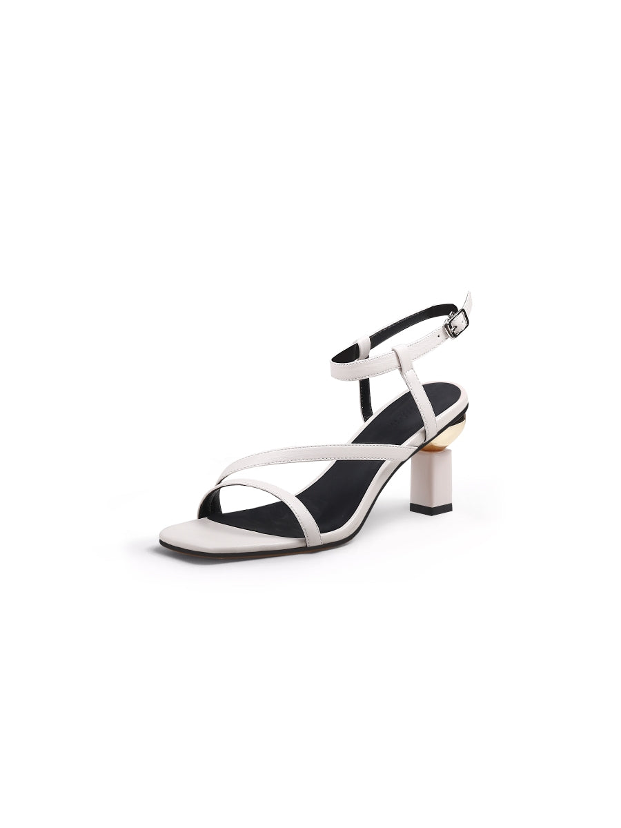 JadyRose | Block Heel Leather Ivory Ankle Strap Sandal