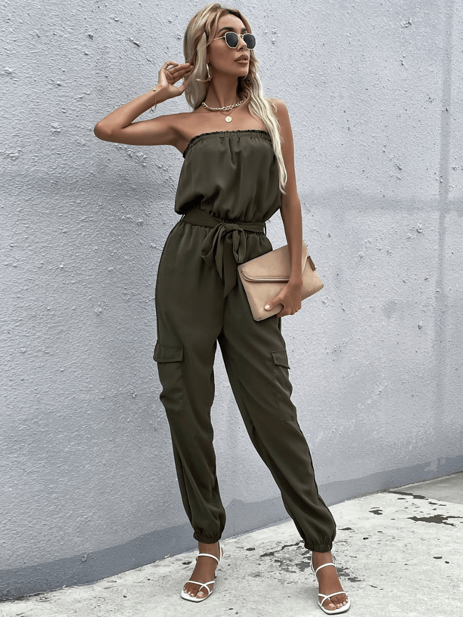 Parisa Strapless Satin Tie Waist Jumpsuit