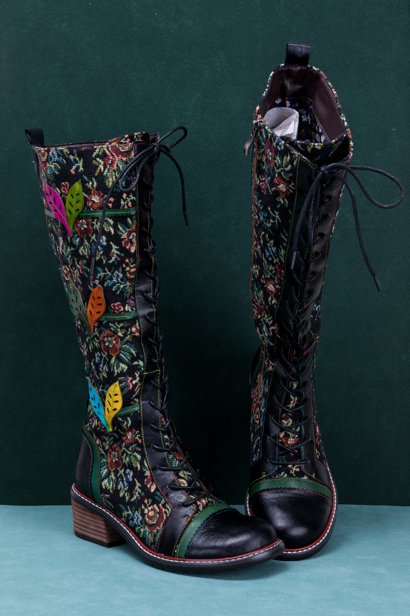 SOFFIA | FLORAL PATCHWORK APPLIQUE LEATHER CANVAS BOOT