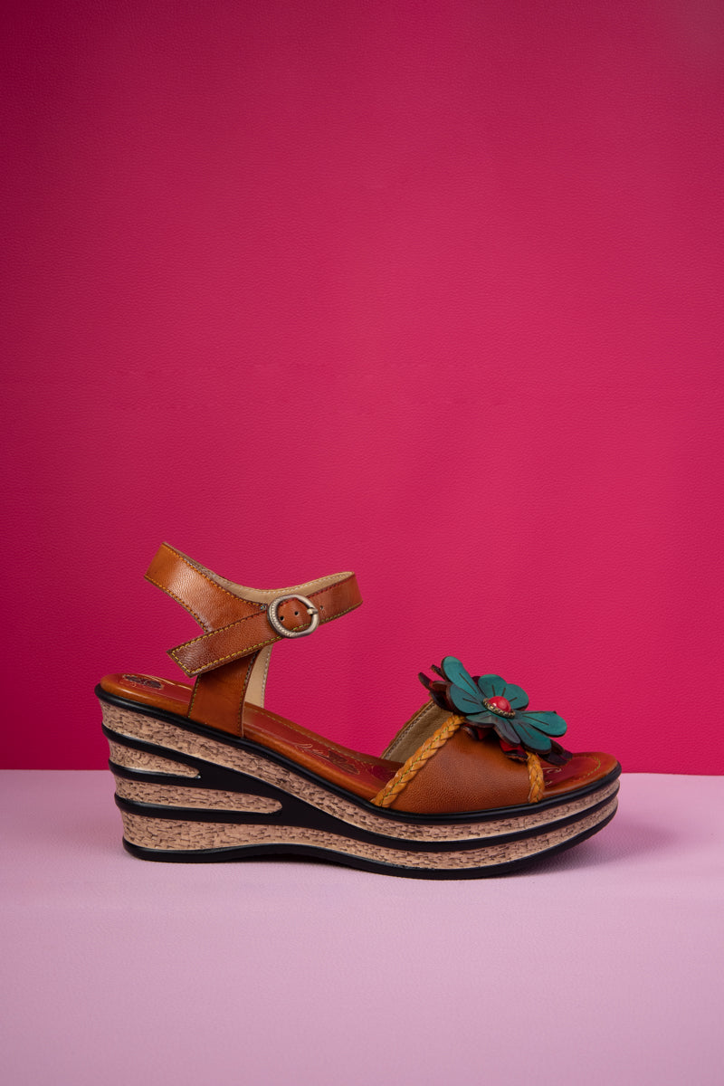 Soffia | Asmara Floral Head Applique Leather Wedge