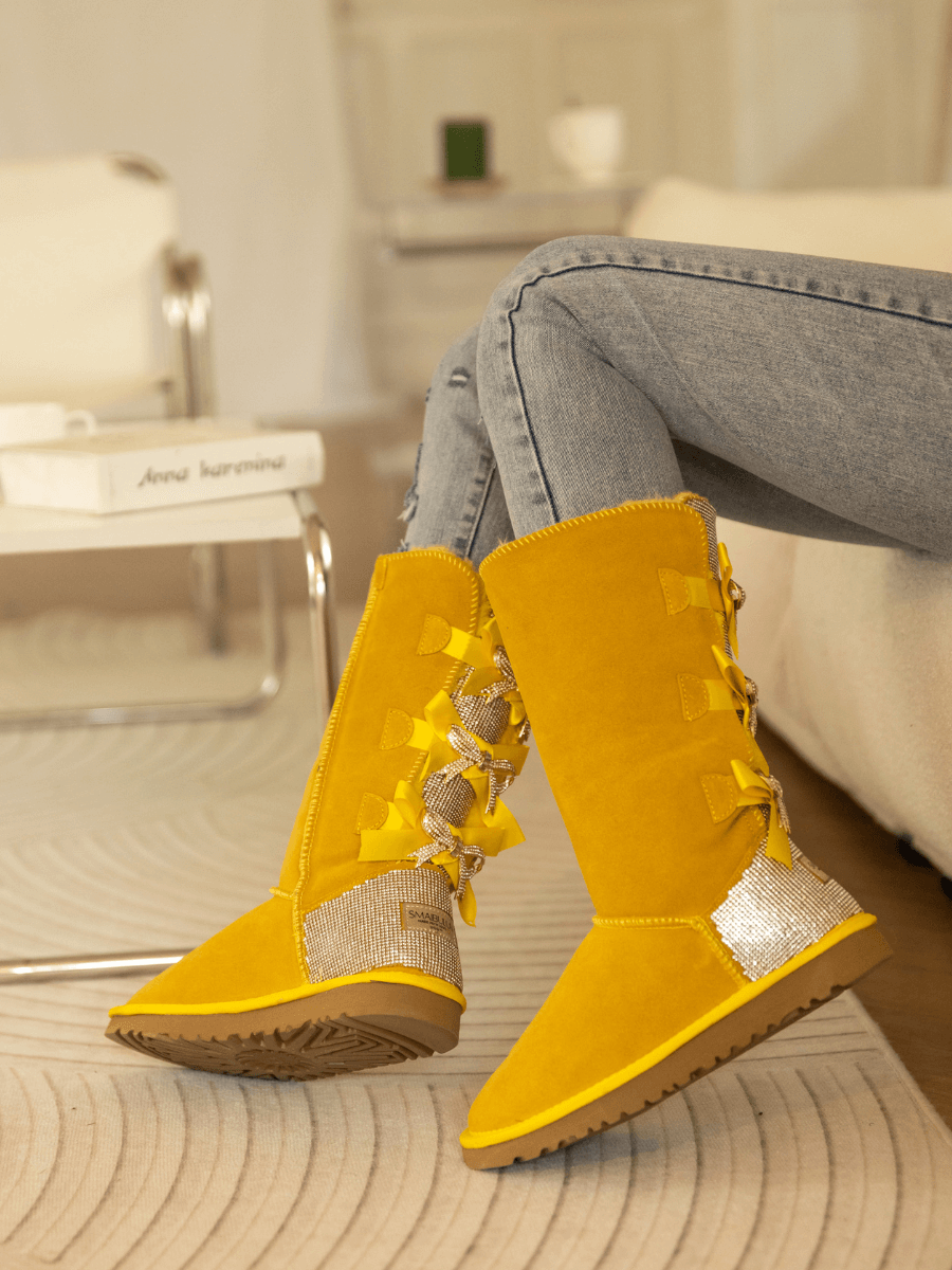 SMAIBULUN Ugg | Rhinestone Ribbon Tri-Tie Bow Suede Boots - Yellow