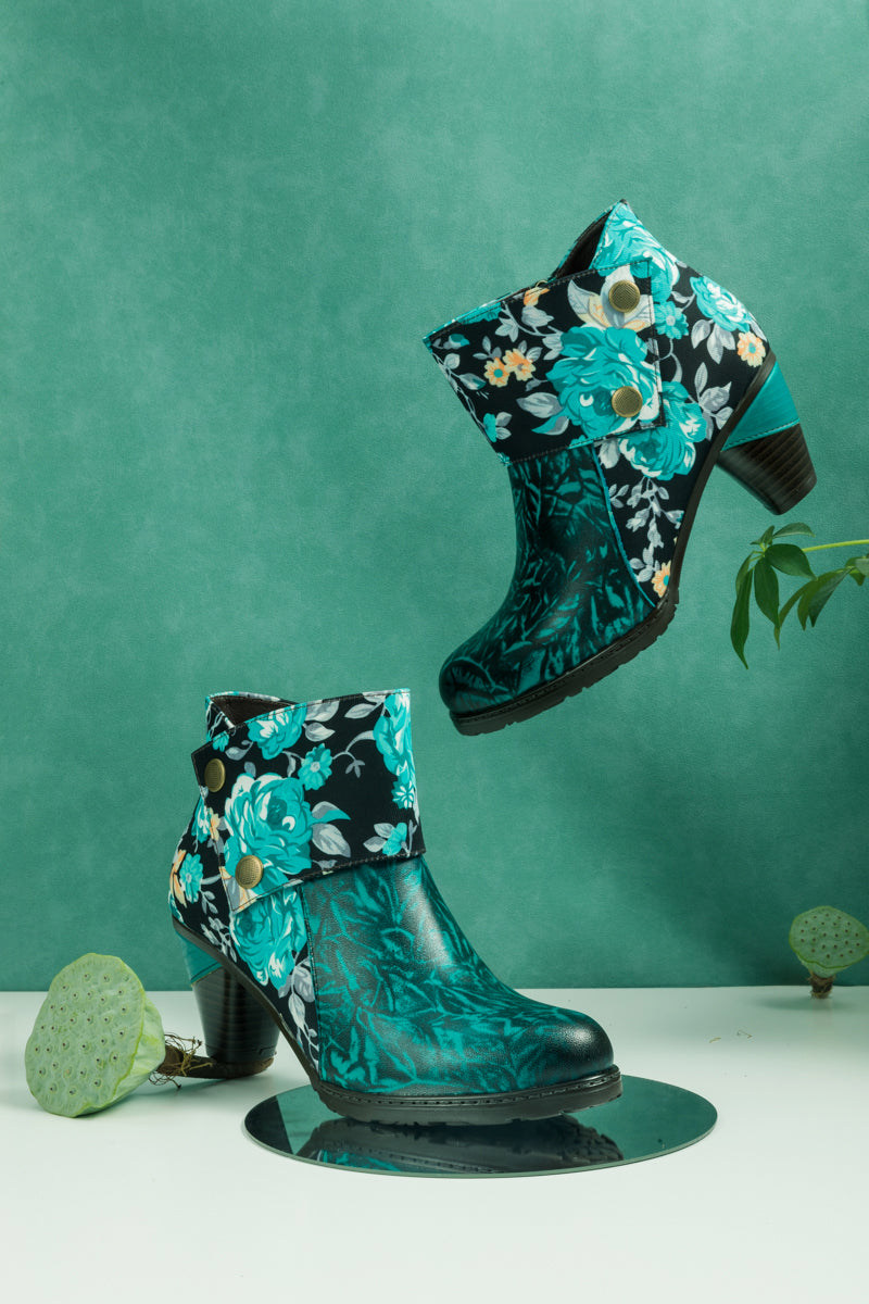 SOFFIA | TURQUOISE FLORAL ABSTRACT LEATHER BOOTIE