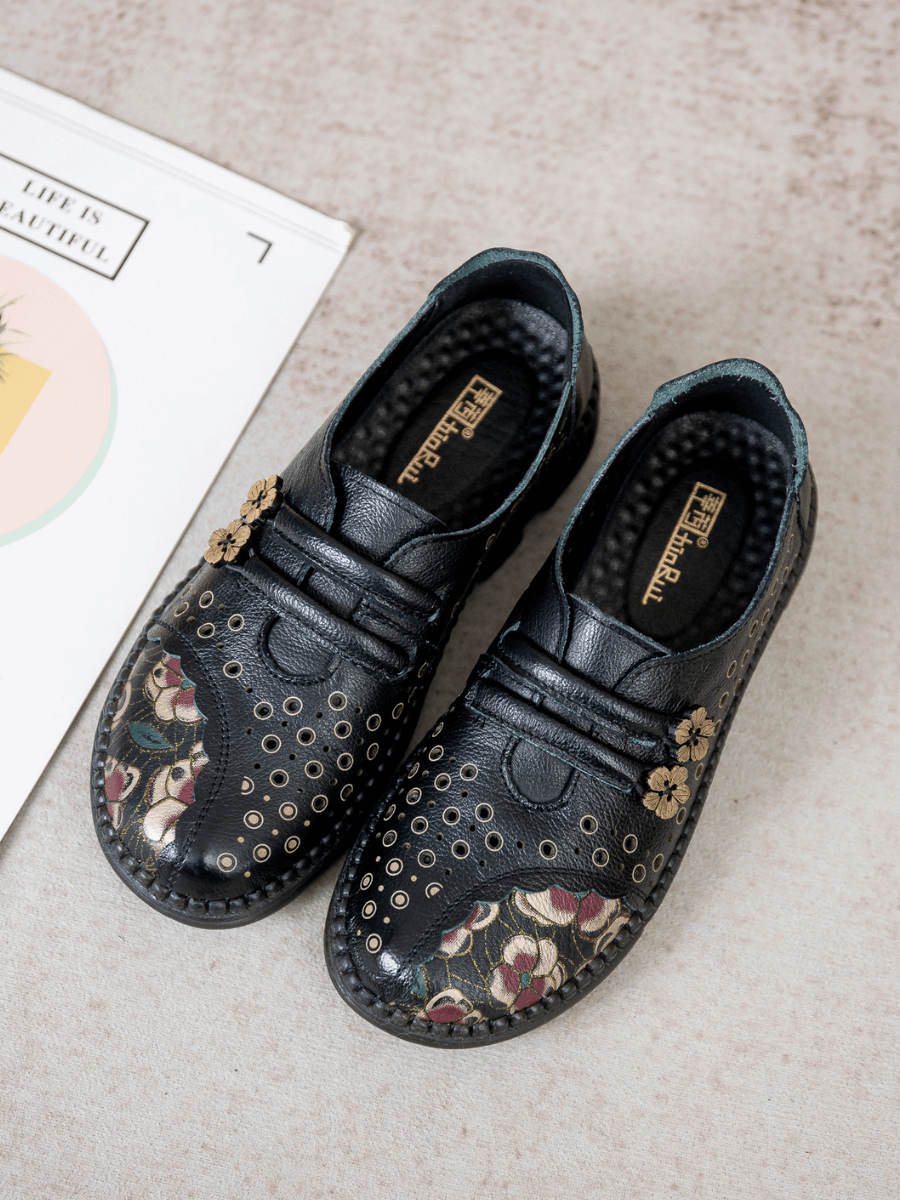 RUMOUR HAS IT | PERFORATED UPPER FLORAL EMBOSSED LEATHER LOAFER  - BLACK