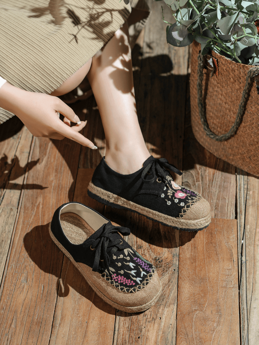 CACTUS ROSE | GARDEN EMBROIDERED LINEN ESPADRILLE SNEAKER - BLACK