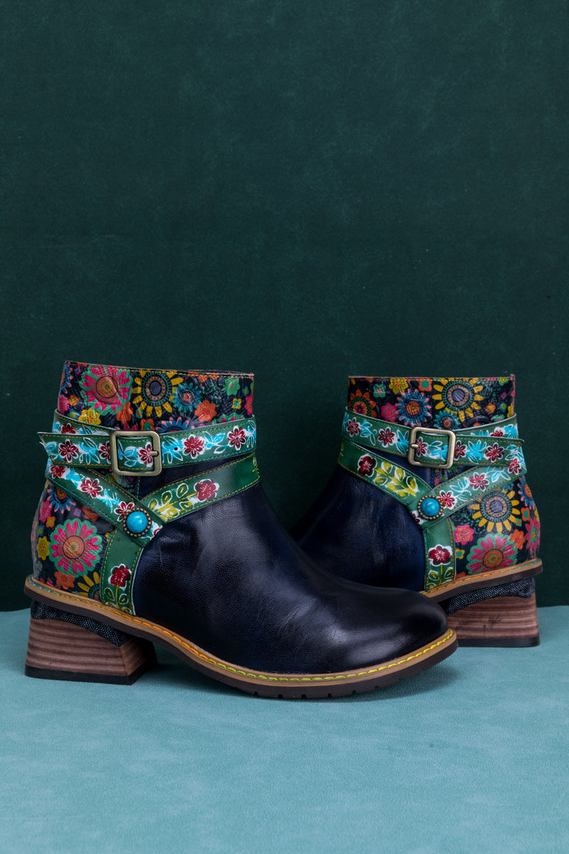 SOFFIA | ABSTRACT FLORAL STRAP LEATHER ANKLE BOOT