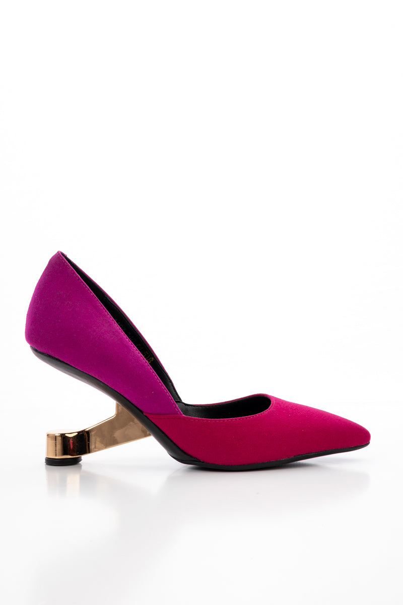 JADY ROSE | MYLETTE GOLDEN HEEL SUEDE PUMP - MAGENTA