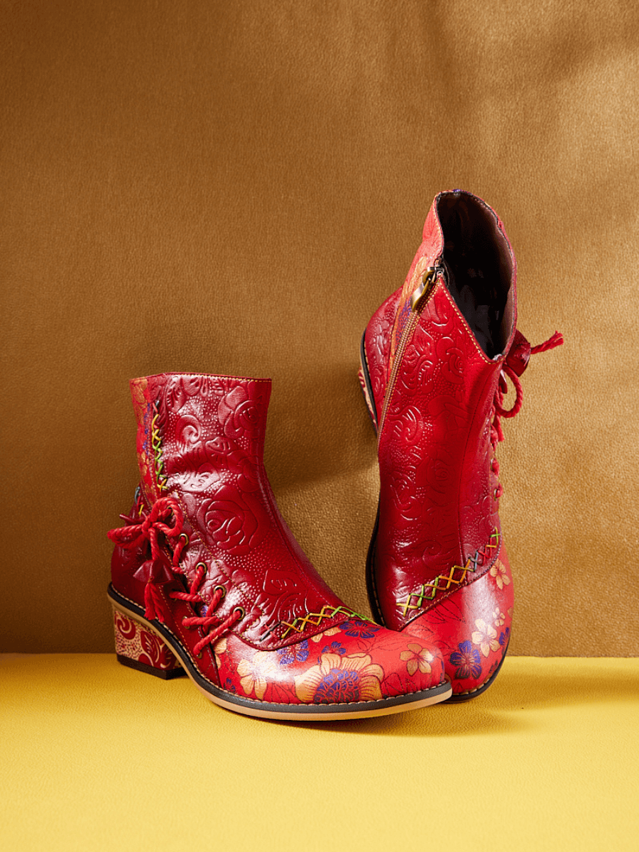 Soffia | Naomie Rose Embossed Floral Leather Combat Boots