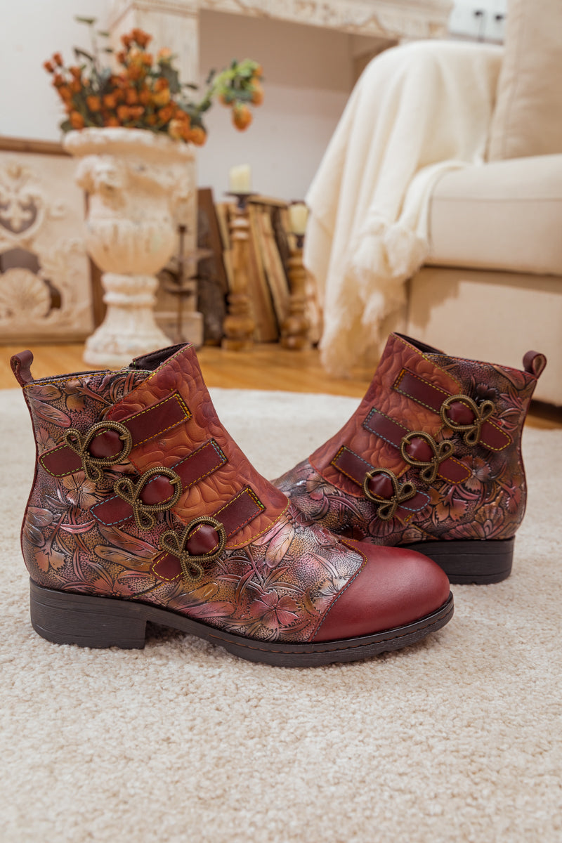 SOFFIA | ROSE GARDEN EMBOSSED LEATHER STRAP BOOT - CLARET