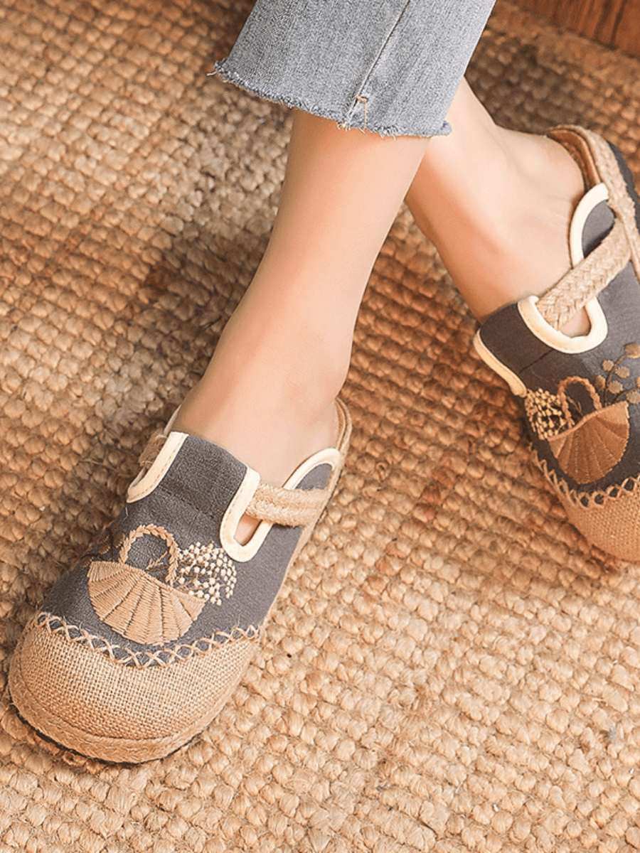 CACTUS ROSE | SUMMER PICNIC EMBROIDERED LINEN MULE - GREY