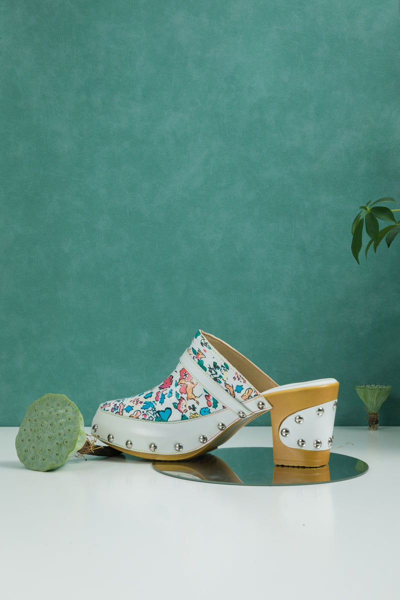 SOFFIA | GRAFFITI FLORAL PATTERNED LEATHER CLOG WHITE