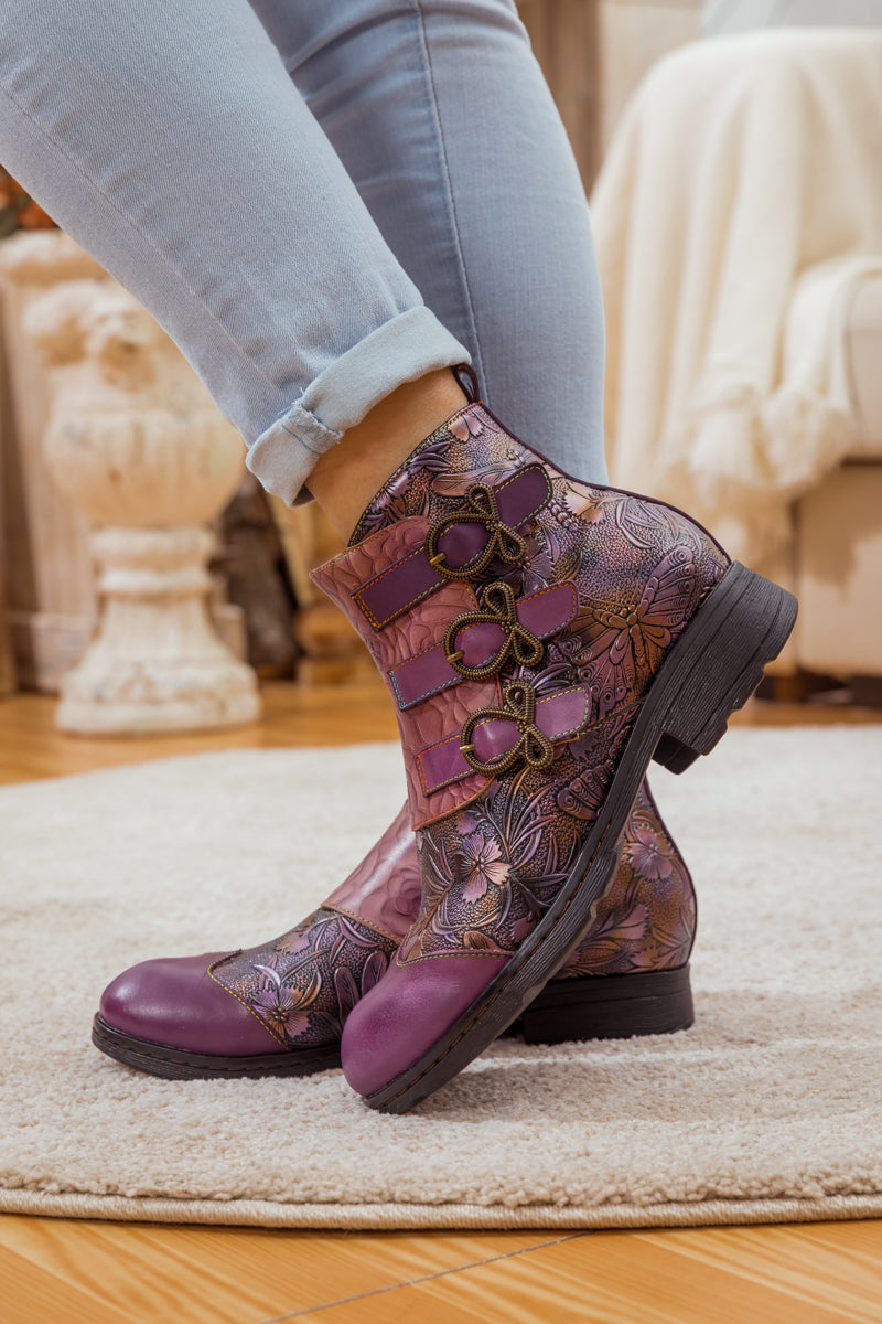 SOFFIA | ROSE GARDEN EMBOSSED LEATHER STRAP BOOT - PURPLE