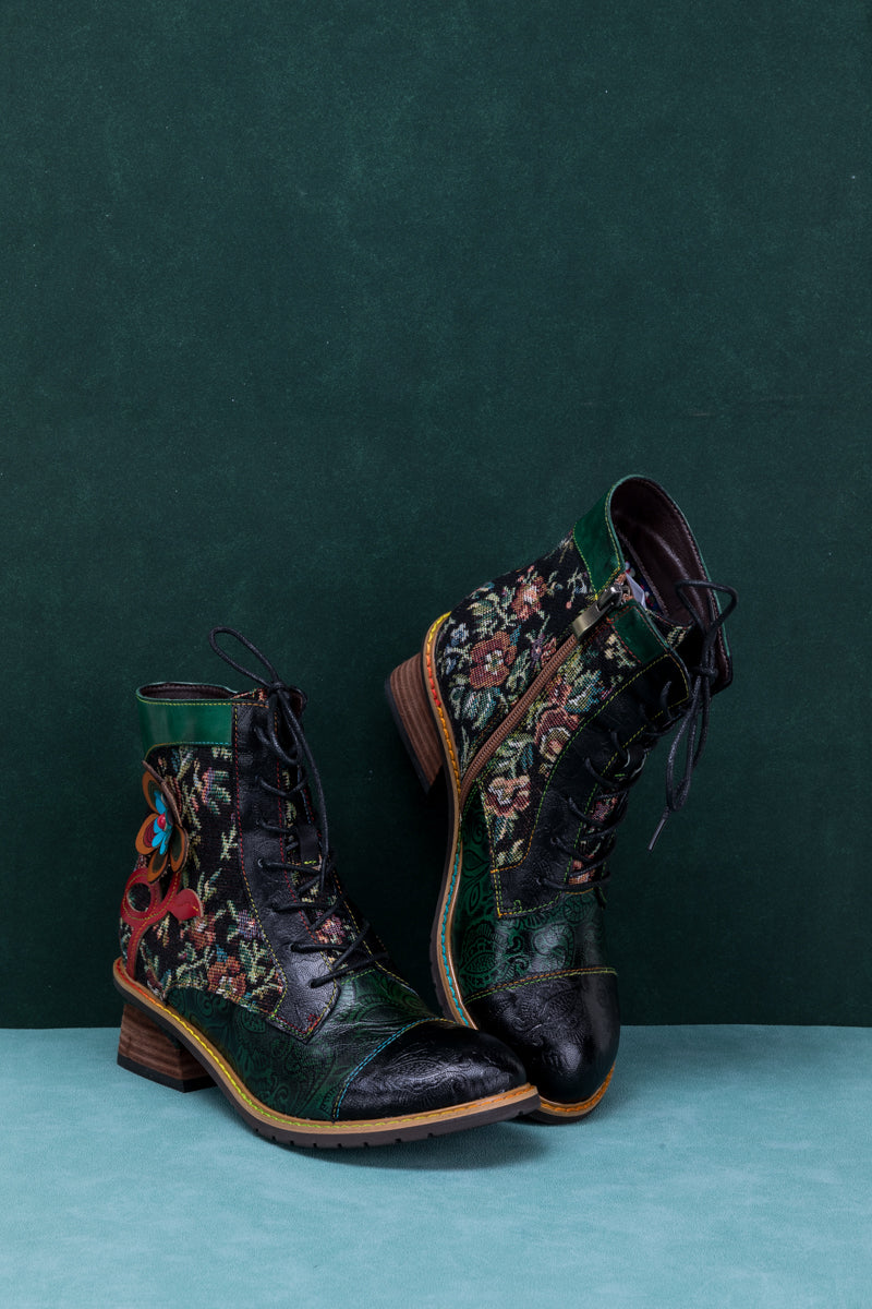 SOFFIA | FLORAL APPLIQUED LACE UP LEATHER ANKLE BOOT