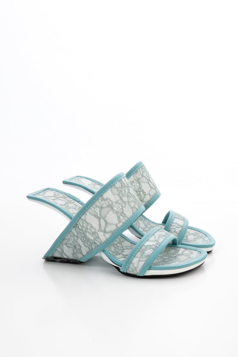 JADY ROSE | CAMELLIA LACE UPPER LEATHER HEELED SANDAL - BLUE