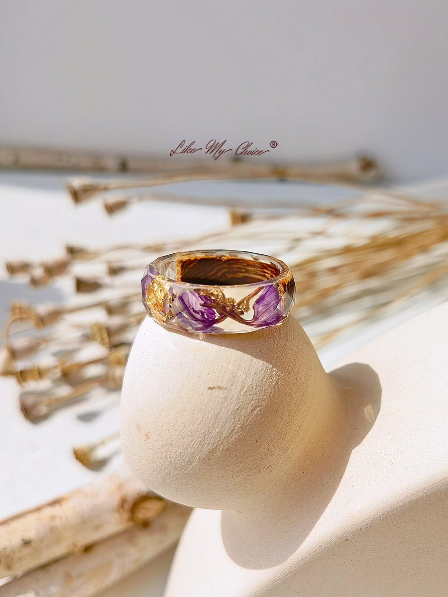 Handmade Dried Flower Inlaid Resin Ring-Gold Foil Purple