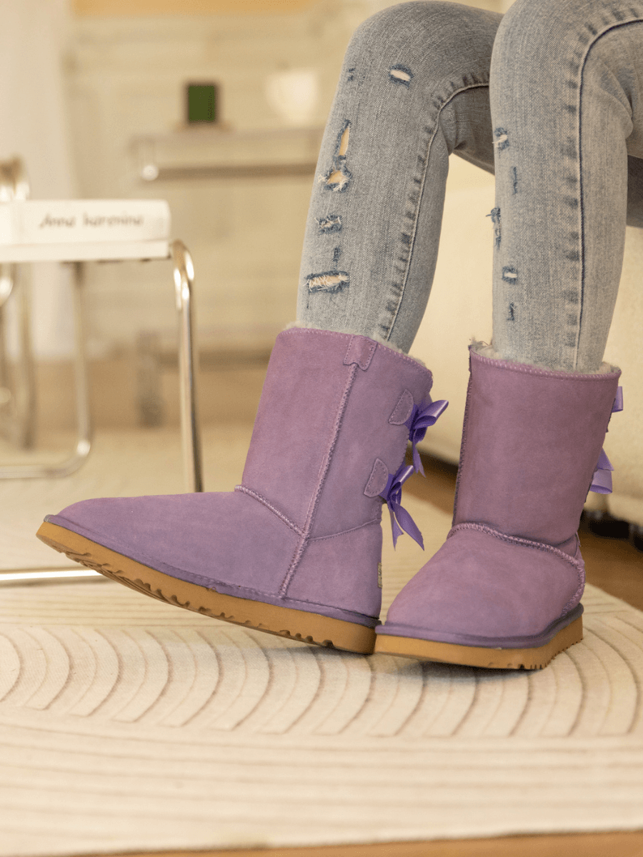 Smaibulun Ugg | Double Ballet Ribbon Bow Suede Shearling Boots - Lavender