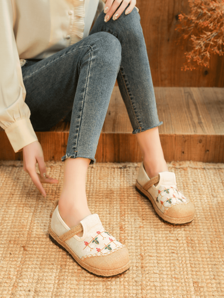 CACTUS ROSE | SWEET GARDEN EMBROIDERED LINEN ESPADRILLE - BEIGE