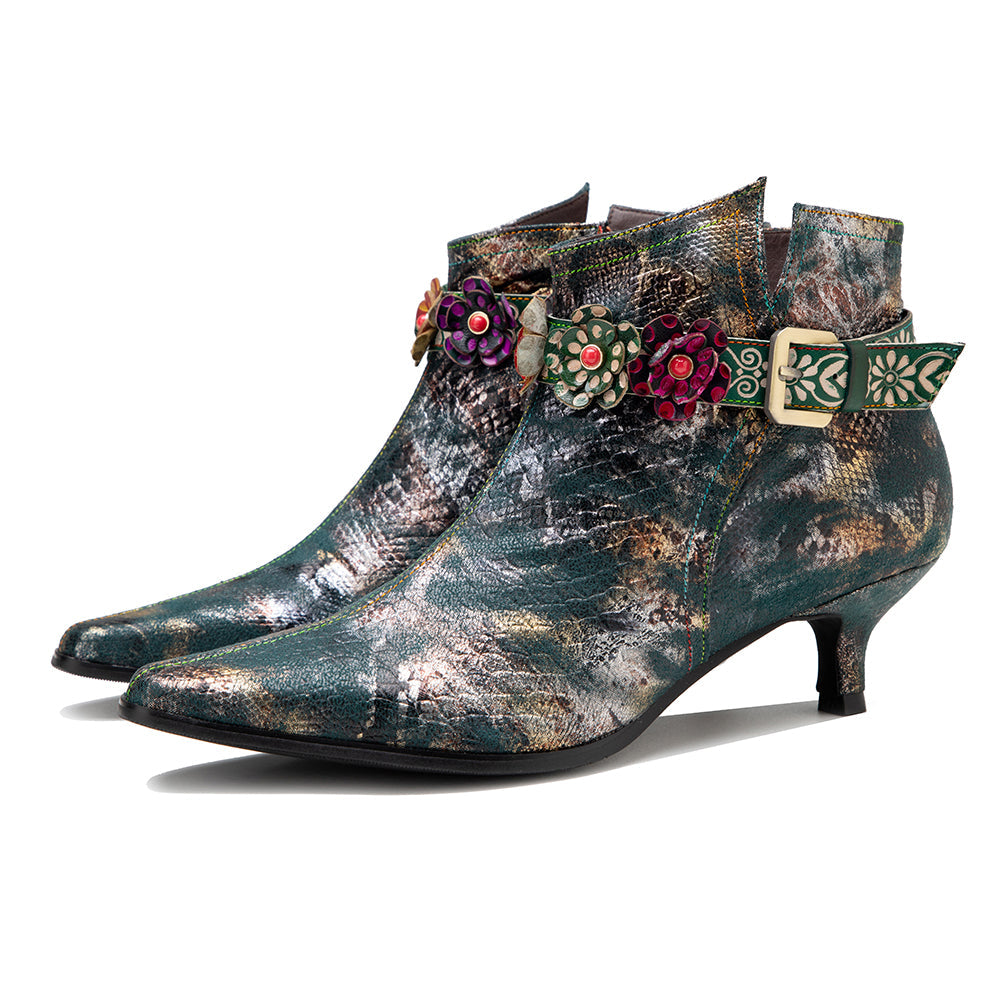 SOFFIA | SNAKE PATTERN EMBOSSED GREEN LEATHER KITTEN HEEL ANKLE BOOT