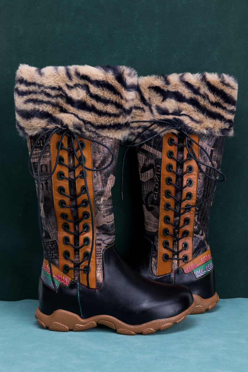 SOFFIA | TIGER PATTERN FUR CIRCUM LEATHER TIE-ACCENT BOOT