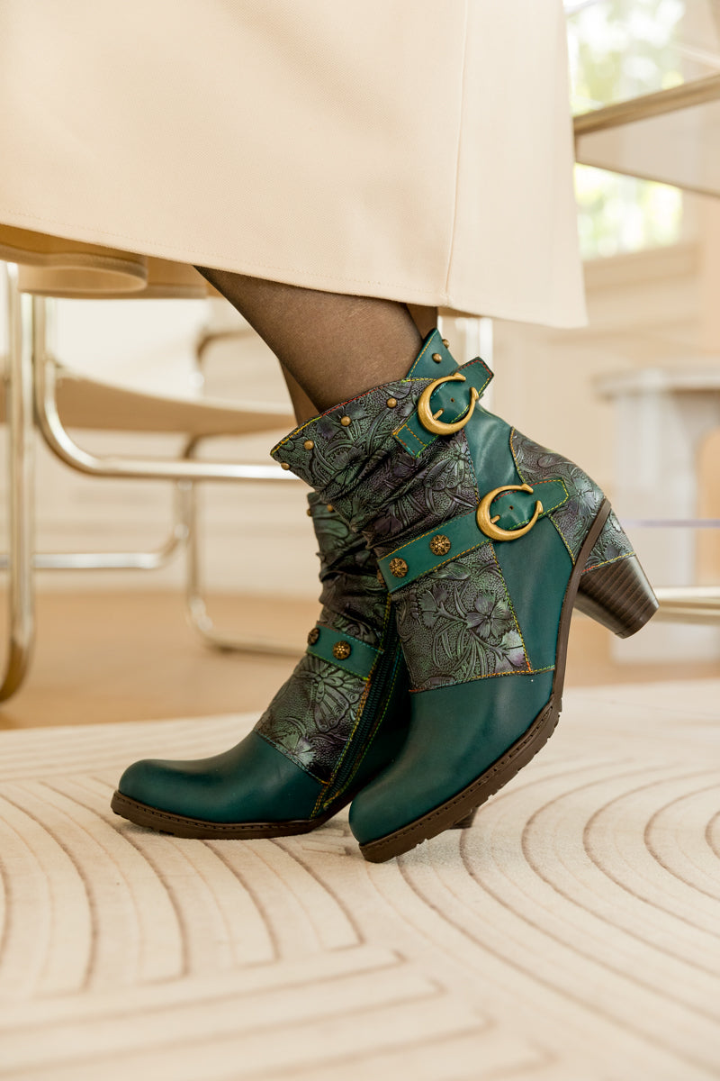 SOFFIA | FLORAL EMBOSSED BUCKLE UP LEATHER BOOTIE - TEAL