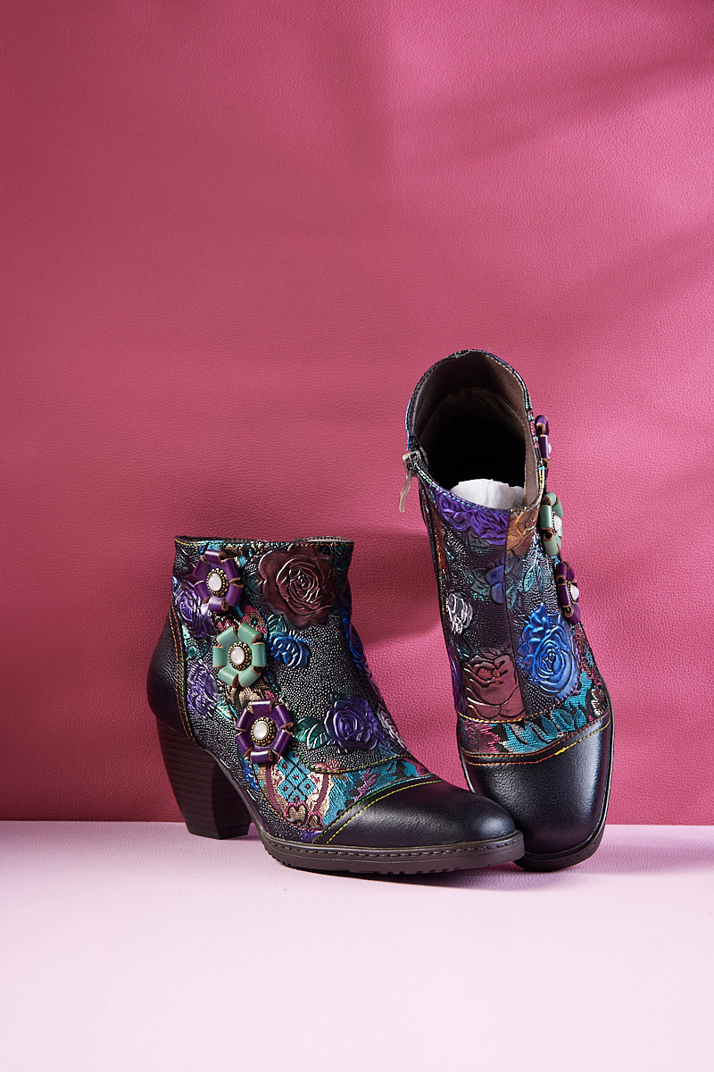 Soffia | Odette Rose Floral Embossed Leather Ankle Boots